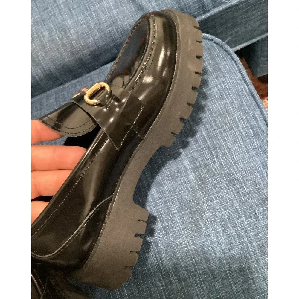 Steve Madden Lando Mens 6.5 M Black Patent Leather Chunky Lug Horsebit Loafers
